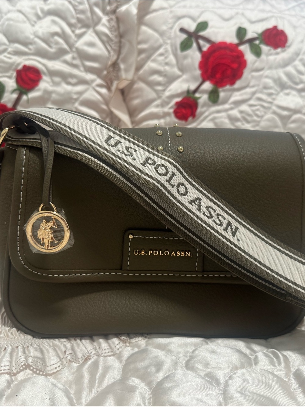 U.S. Polo Assn. Olive Green Crossbody with Branded Strap and Gold Charm